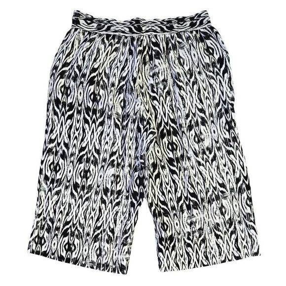 Roamans Linen Blend White Black Abstract Boho Pull On Wide Leg Cropped Pants - Picture 3 of 10